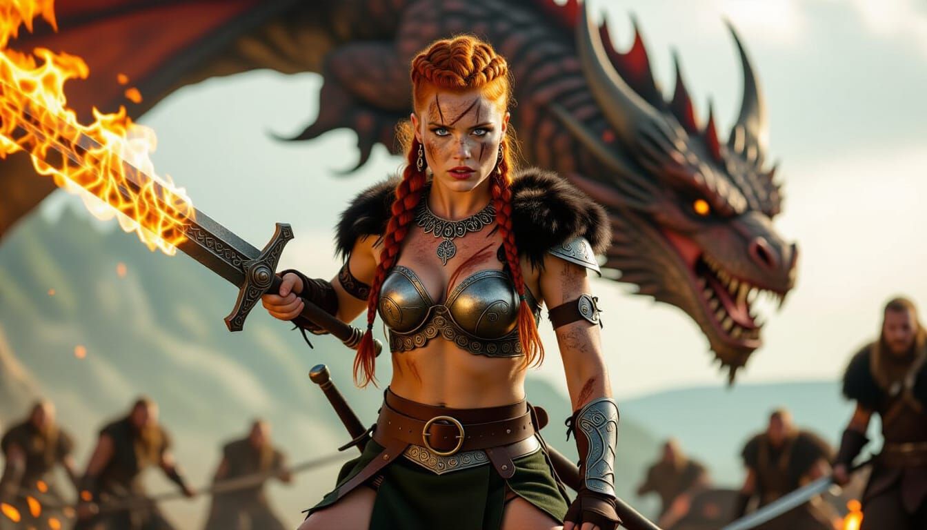 Redhead Viking Warrior in Fiery Dragon Battle
