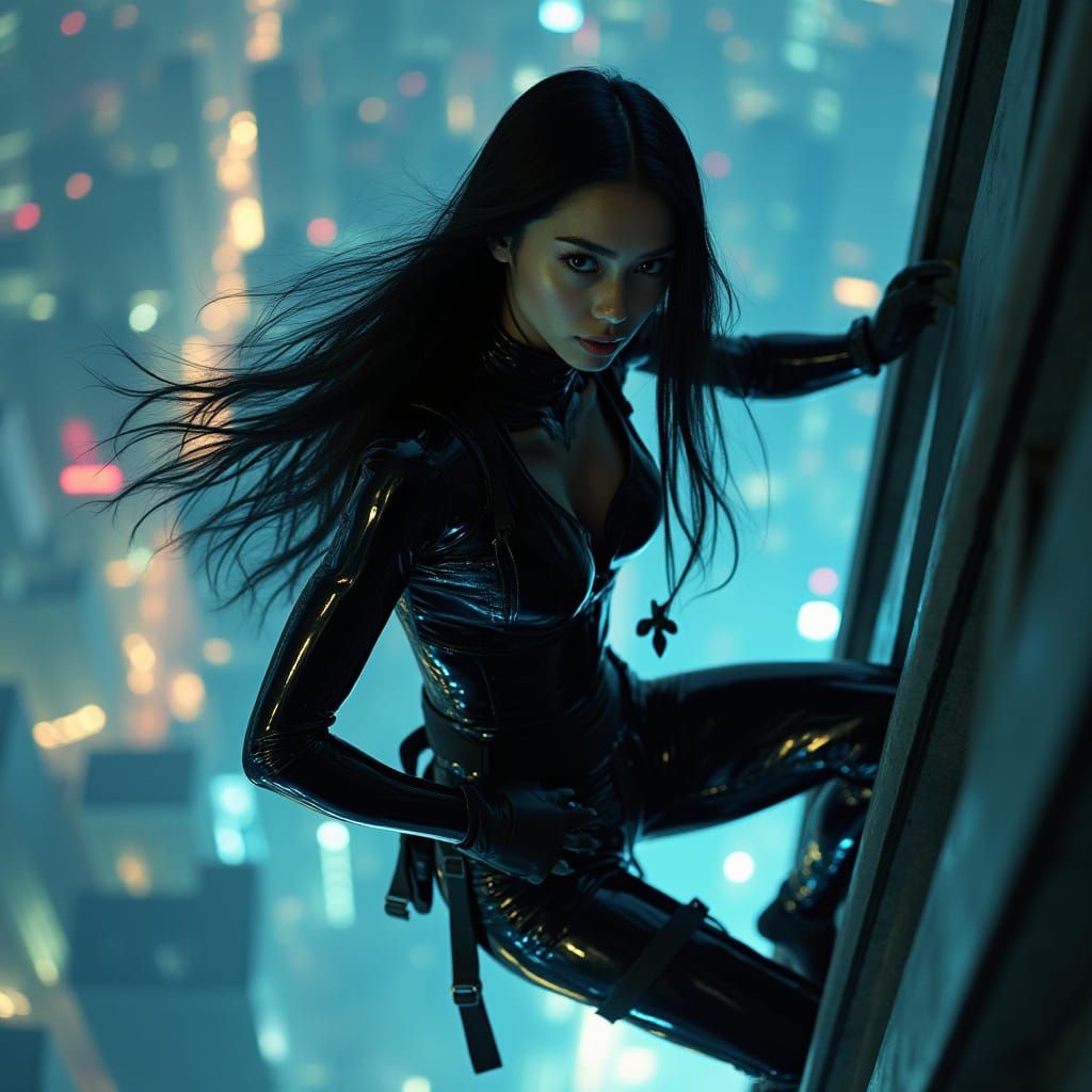 Female Spy Rappelling in Futuristic City