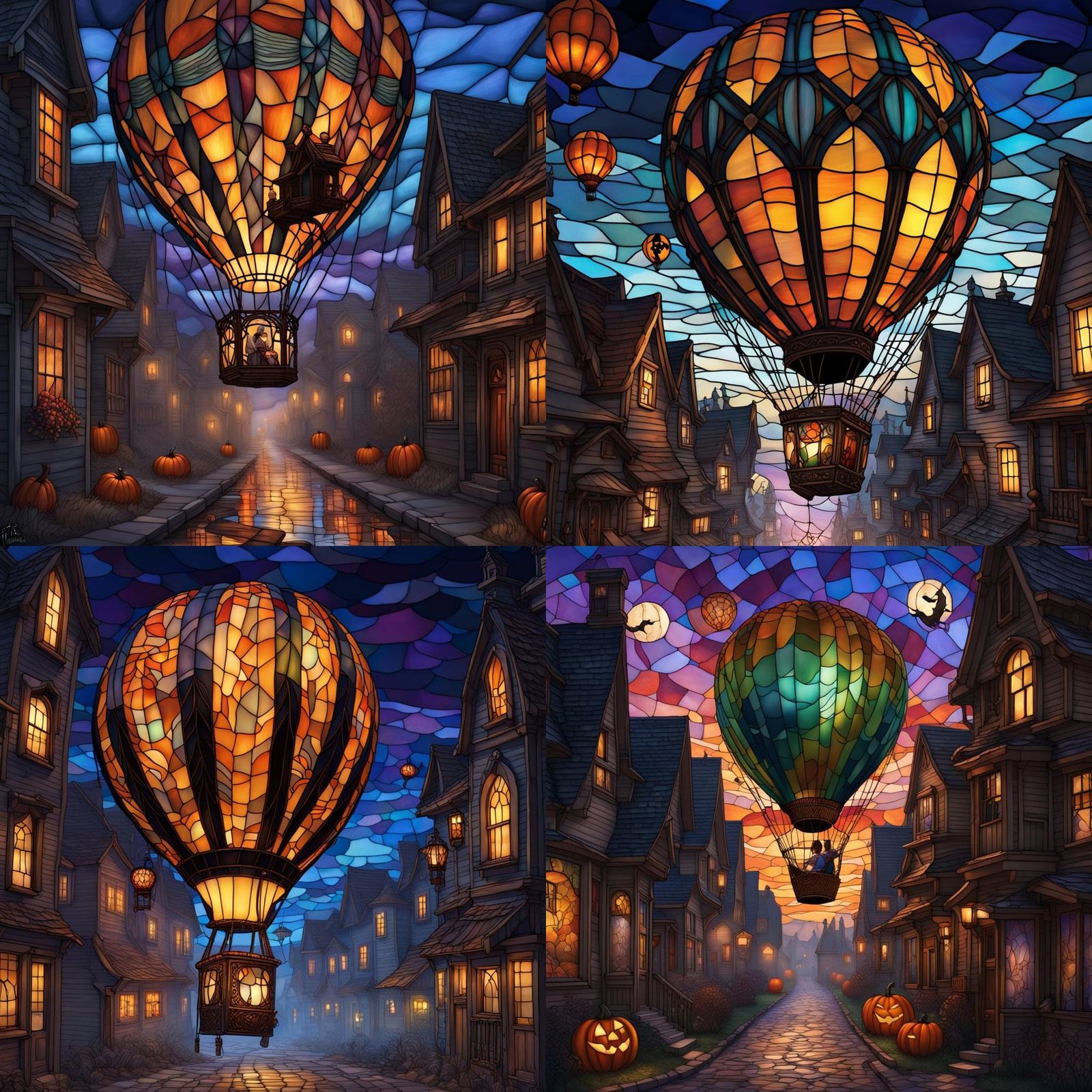 Stained Glass Hot Air Balloon Over Halloween Street