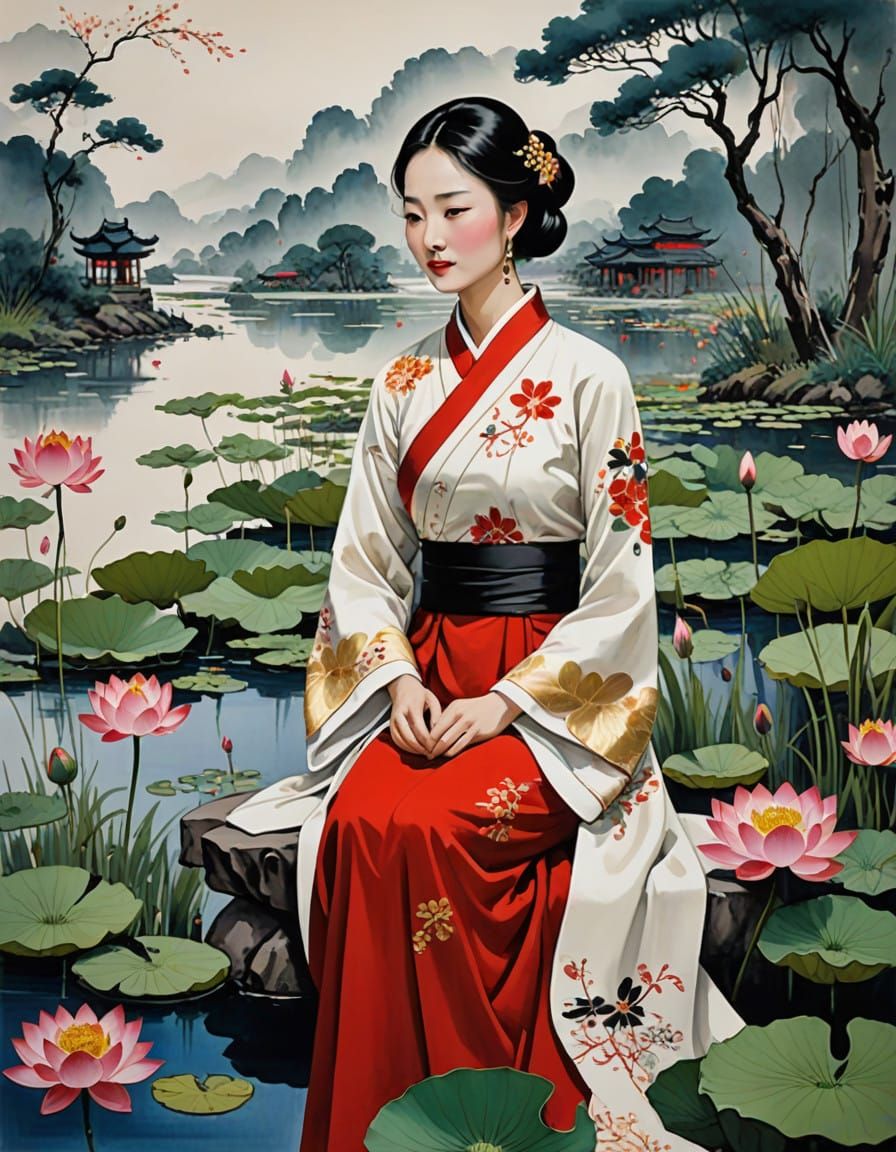 Elegant Young Woman Adorns Traditional Chinese Beauty