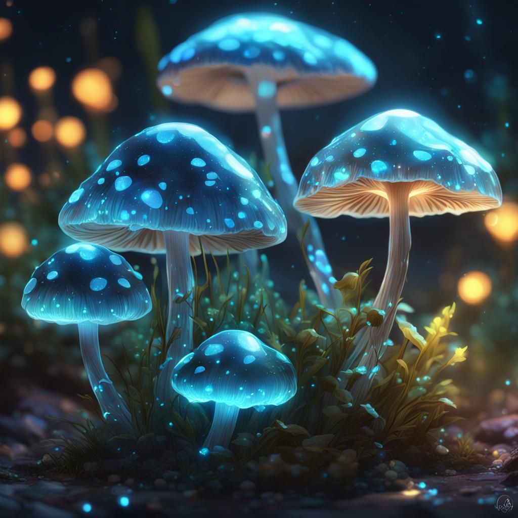 Bioluminescent Crystal Mushrooms in 3D Anime Style