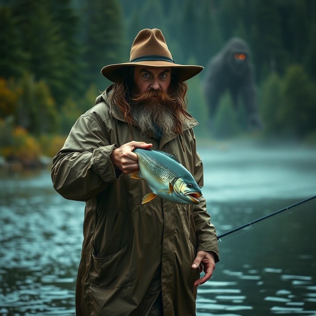 Fisherman's Surprise: Bigfoot Photobomb in Film Noir Style