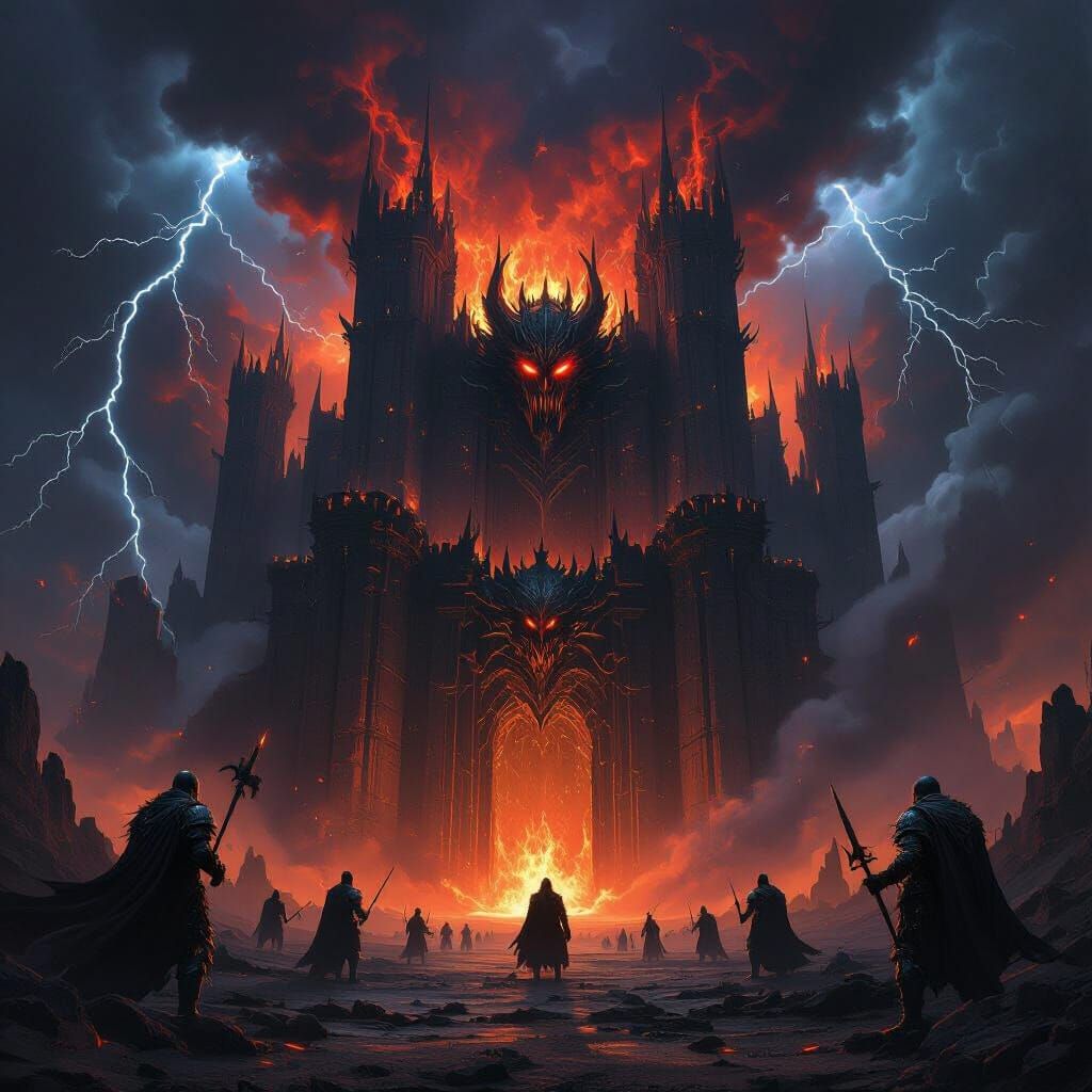 Colossal Demonic Fortress Amidst Flames and Storms