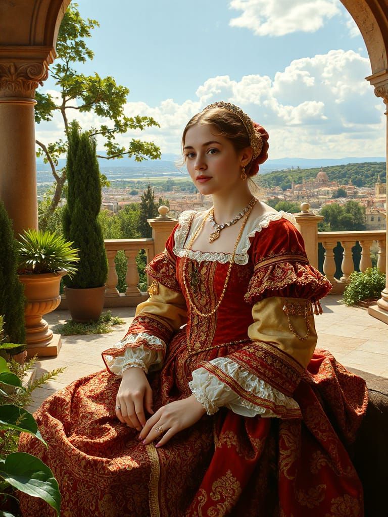 Lavish Renaissance Noblewoman in Sunlit Loggia