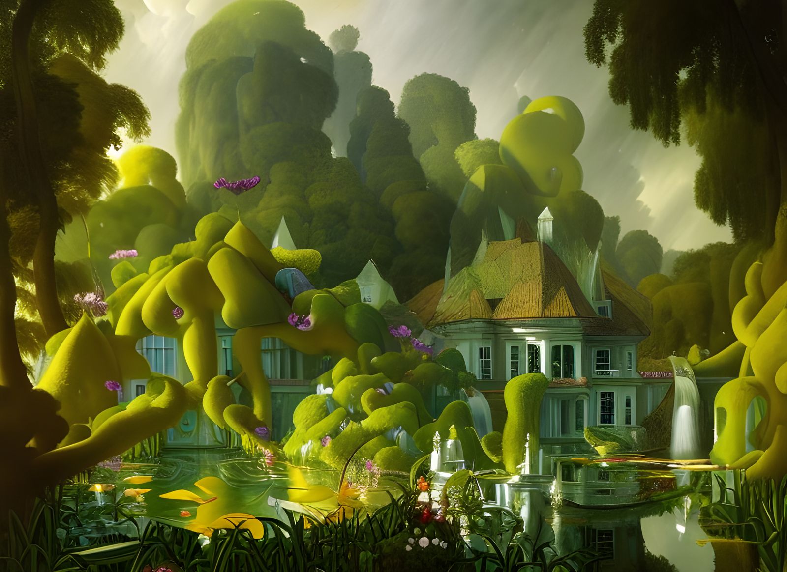 Lush Garden with Country House in Surreal Style