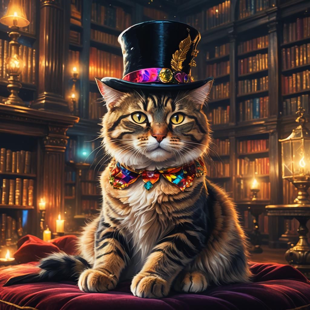 Cat in Top Hat in Mystical Library: Oil Painting