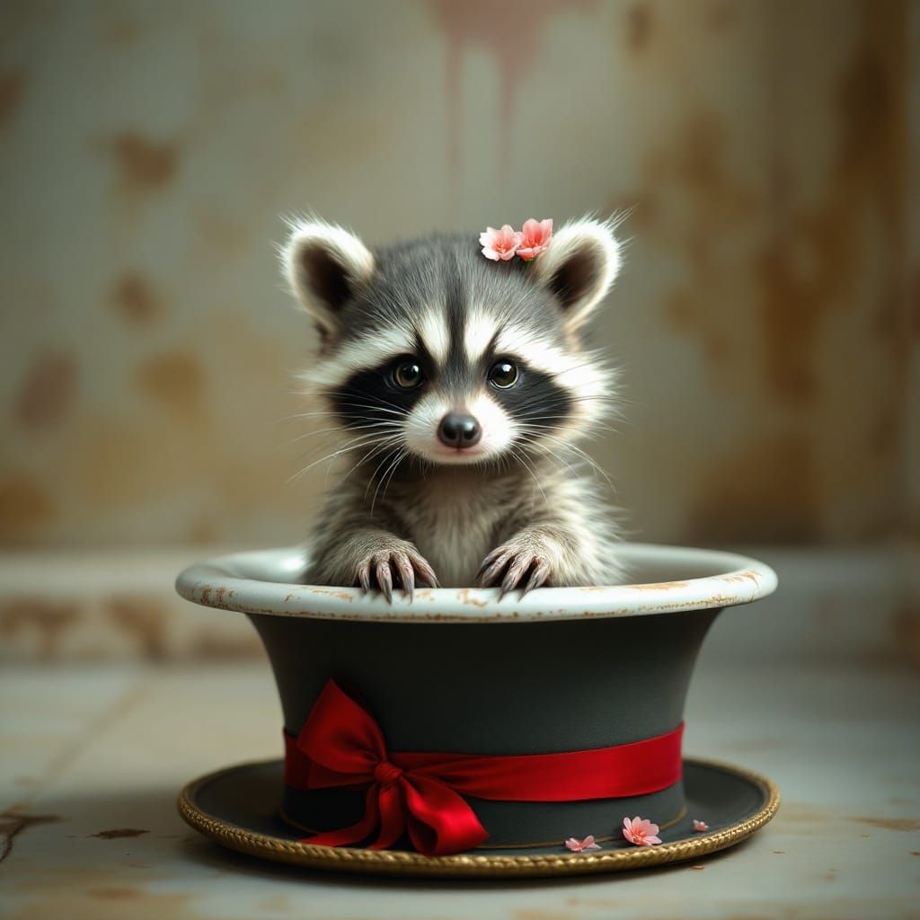 Whimsical Baby Raccoon in Top Hat, Painterly Style