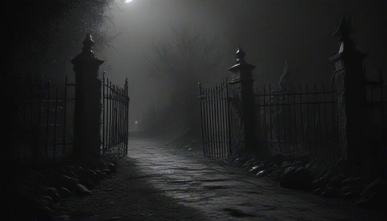 Ominous Road to Evil Gate in Grayscale Charcoal Sketch