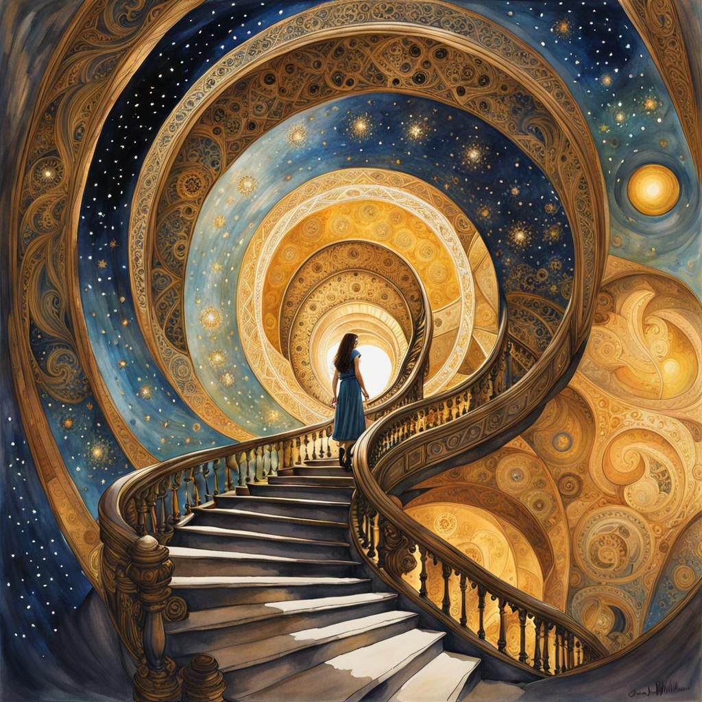 Girl Ascending Spiral Staircase to Golden Portal
