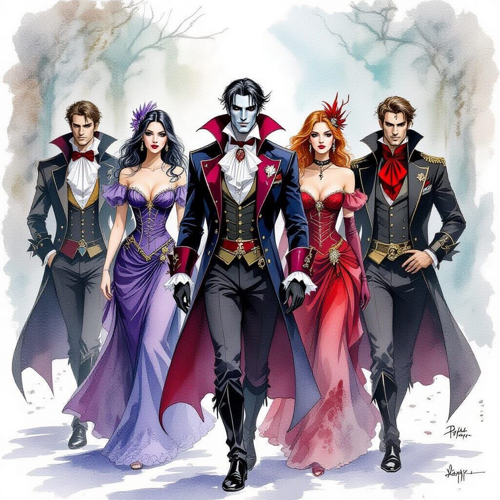 Vampire Masquerade Ball in Watercolor Fantasy Style