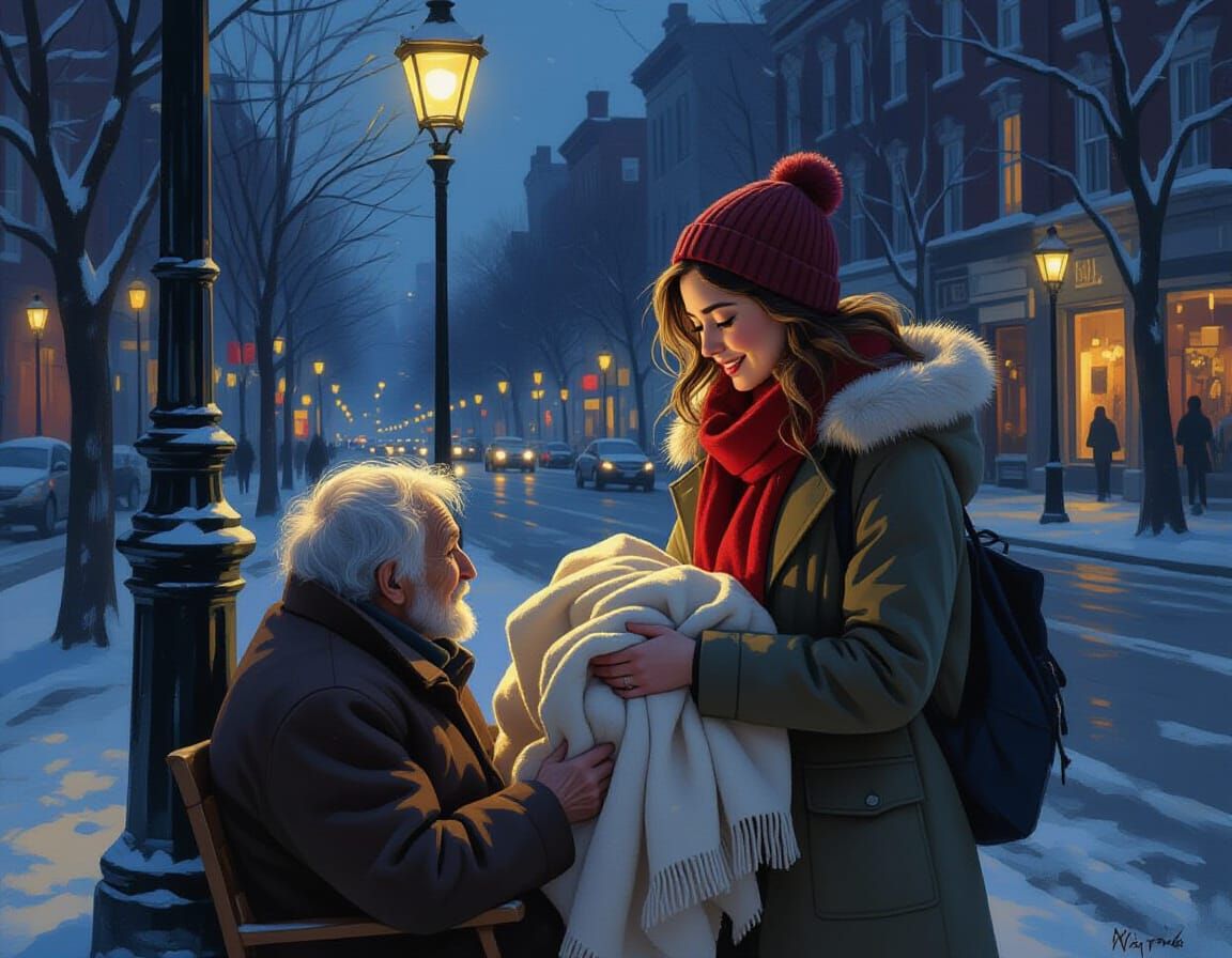 Heartwarming Scene of Kindness in Oil Painting Style