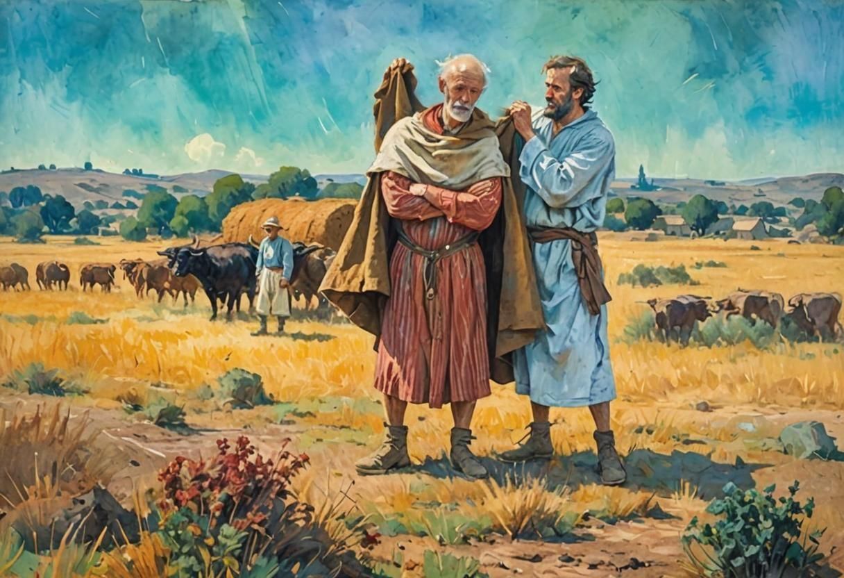 Biblical Scene: Cloak and Oxen in Impasto Style