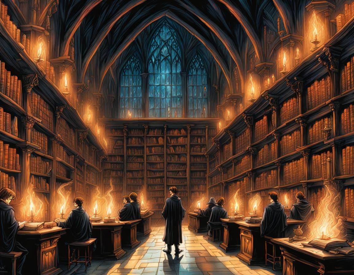 Harry Potter in Hogwarts Library, Watercolor Style