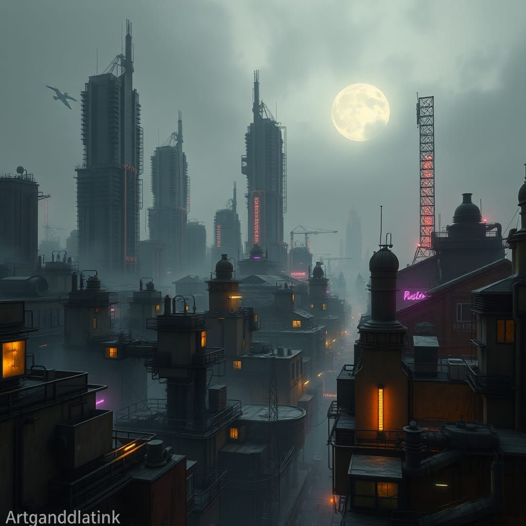 Dystopian Cyberpunk Cityscape in Perpetual Twilight