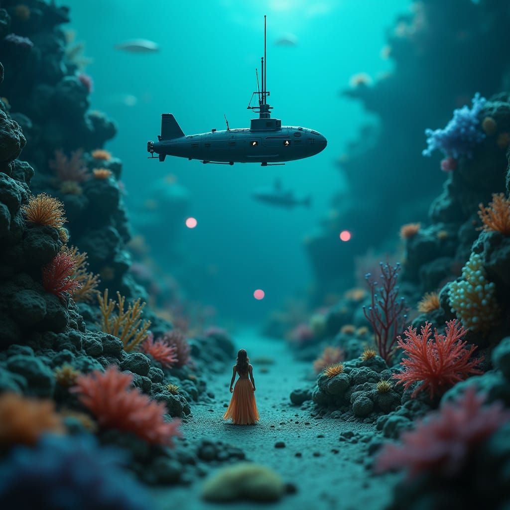 Miniature Underwater City in Bioluminescent Tilt-Shift Style