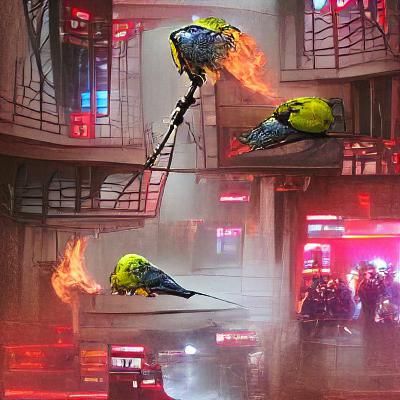 Cyberpunk Budgie Firefighter in Futuristic Cityscape