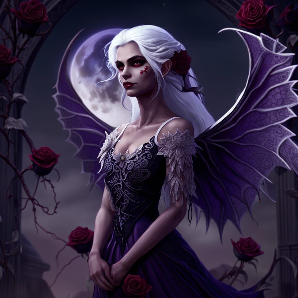 Silver Haired Vampire Elf in Moonlight, Detailed Painting