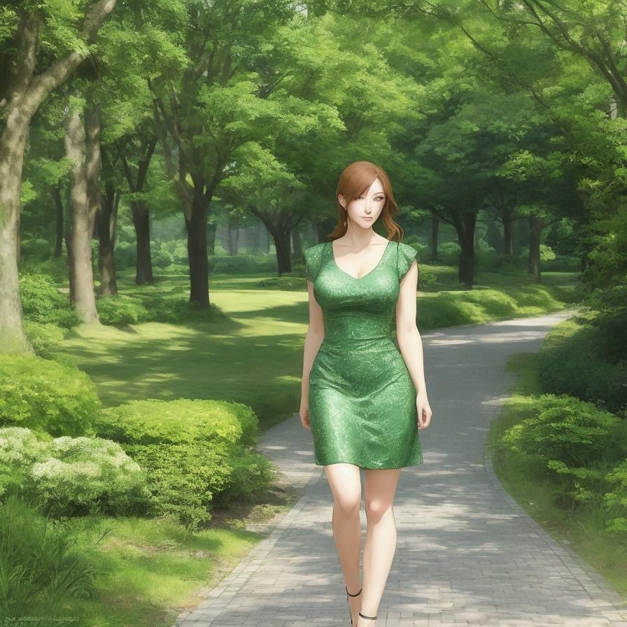 Anime Style: Muscular Woman in Green Dress