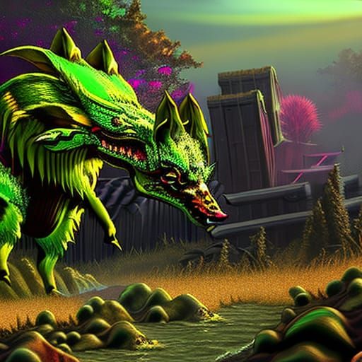 Grotesque, thing of evil, creepy critter, garbage heap, zombie like fox, 16k resolution, hyperrealistic, hypercolored, h...