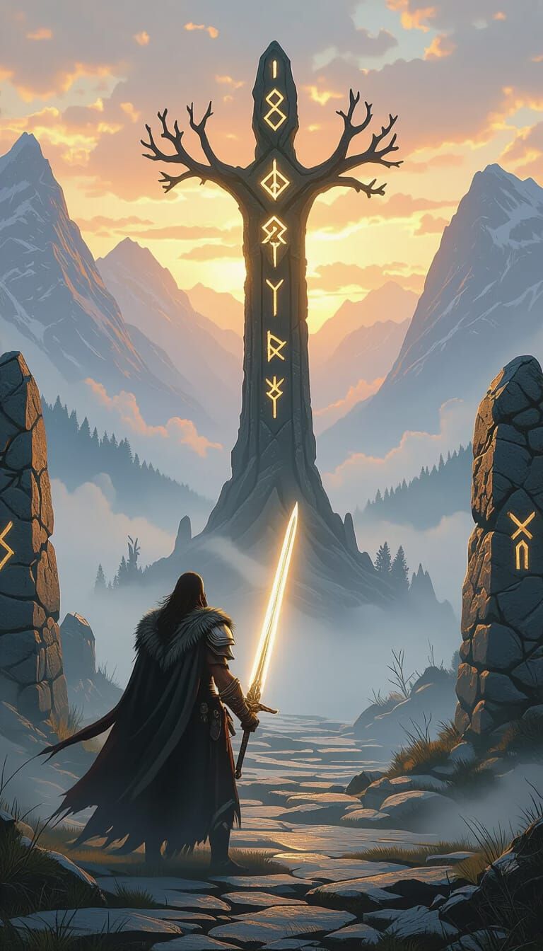 Warrior Spirit Before Yggdrasil with Glowing Runes