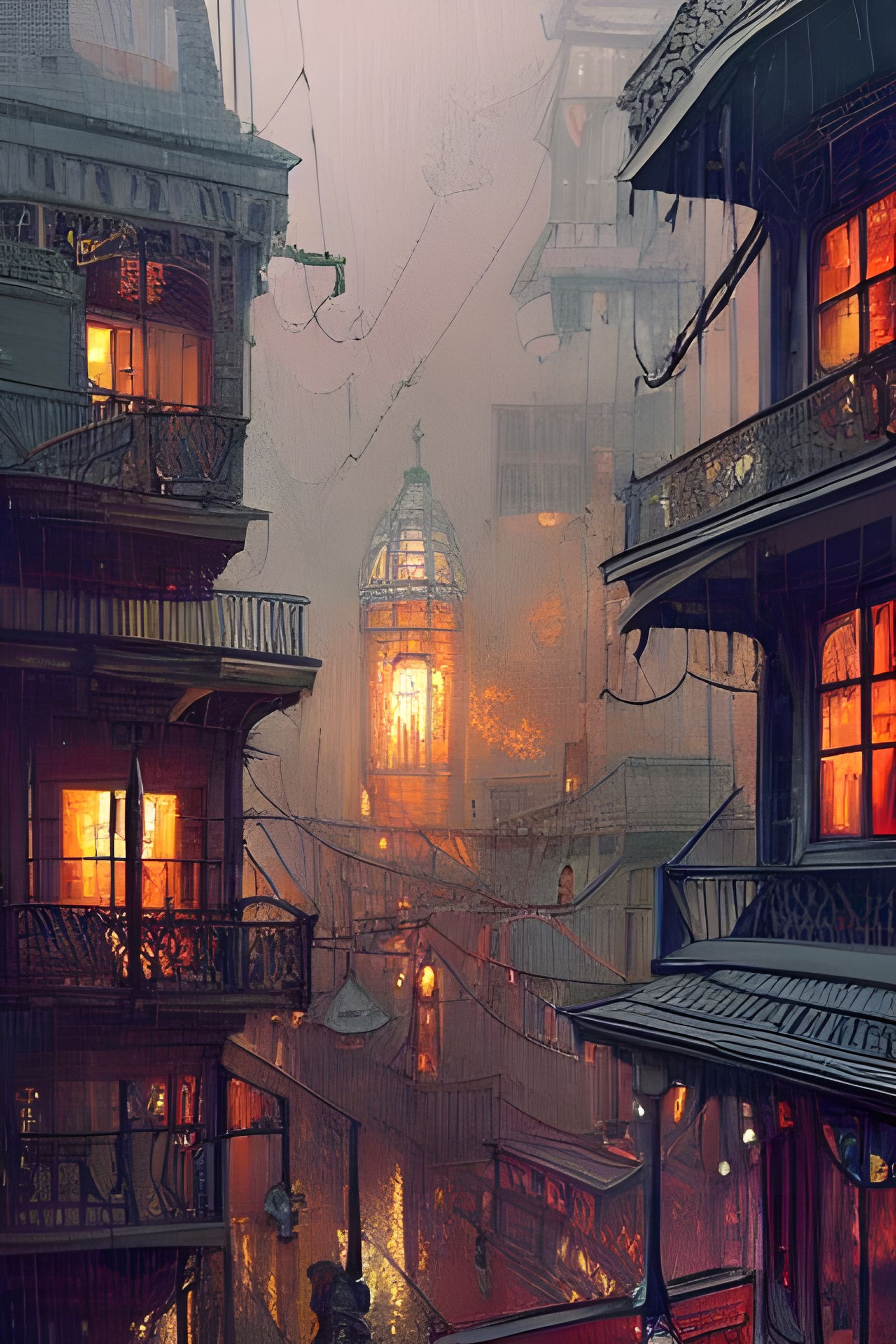 Victorian Steampunk City in Rain: Matte Painting