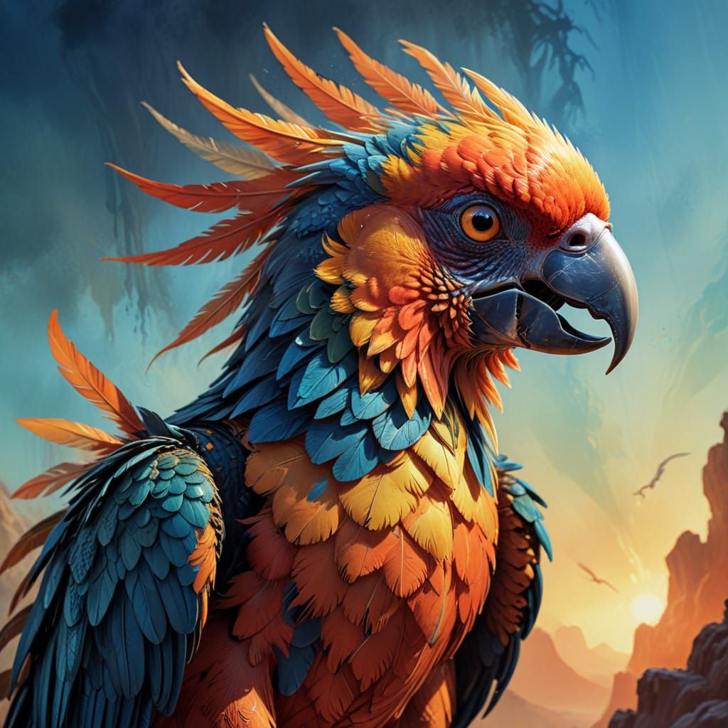 Cyberpunk-Style Phoenix-Parrot Chimaera in Flight