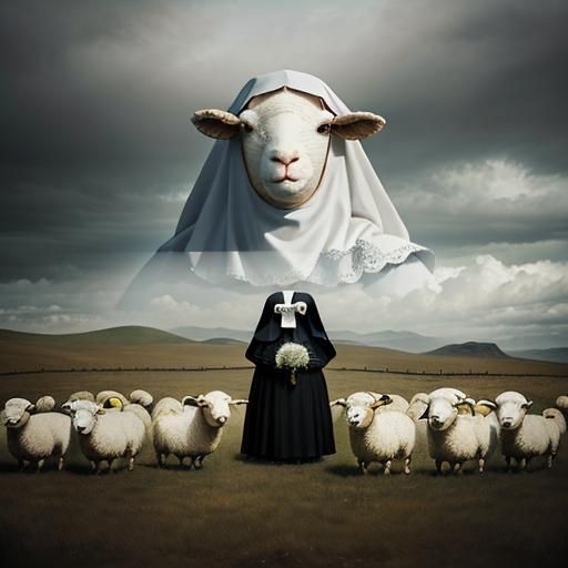 Surreal Sheep People in a Dreamlike Landscape