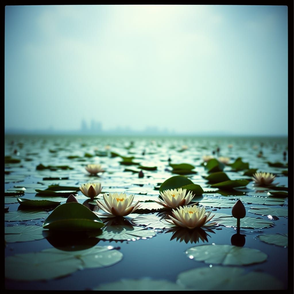 Water Lilies in Cinematic Film Still
