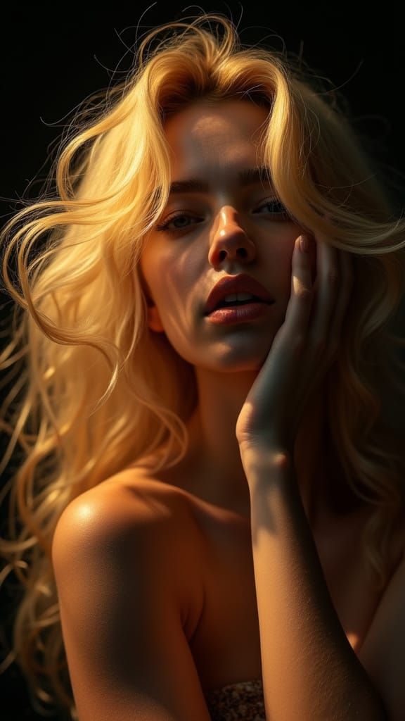 Sensual Model with Flowing Golden Hair in Dreamlike Style