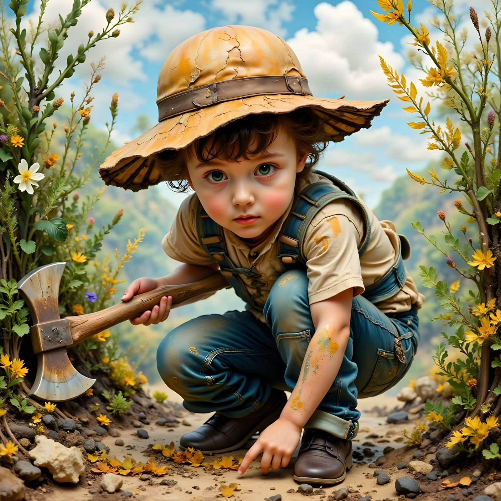 Boy Explorer with Ax in Hyperkraximalismus Style