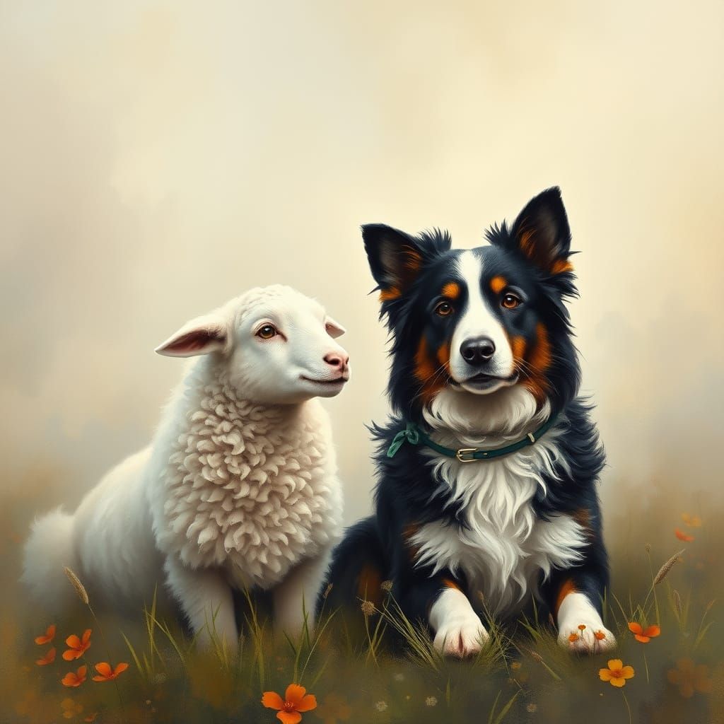 Lamb and Collie in Ethereal Charcoal Fantasy