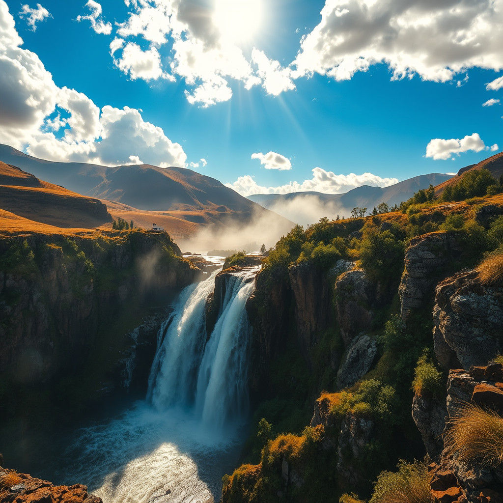 Majestic Waterfall in Mountainous Countryside