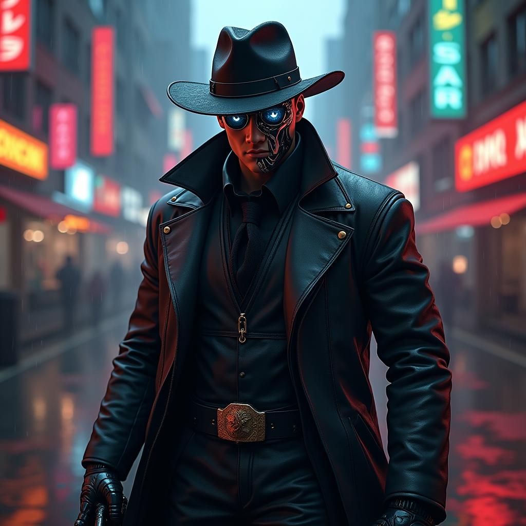 Cyberpunk Gunslinger with Neon Reflections in Dystopian City
