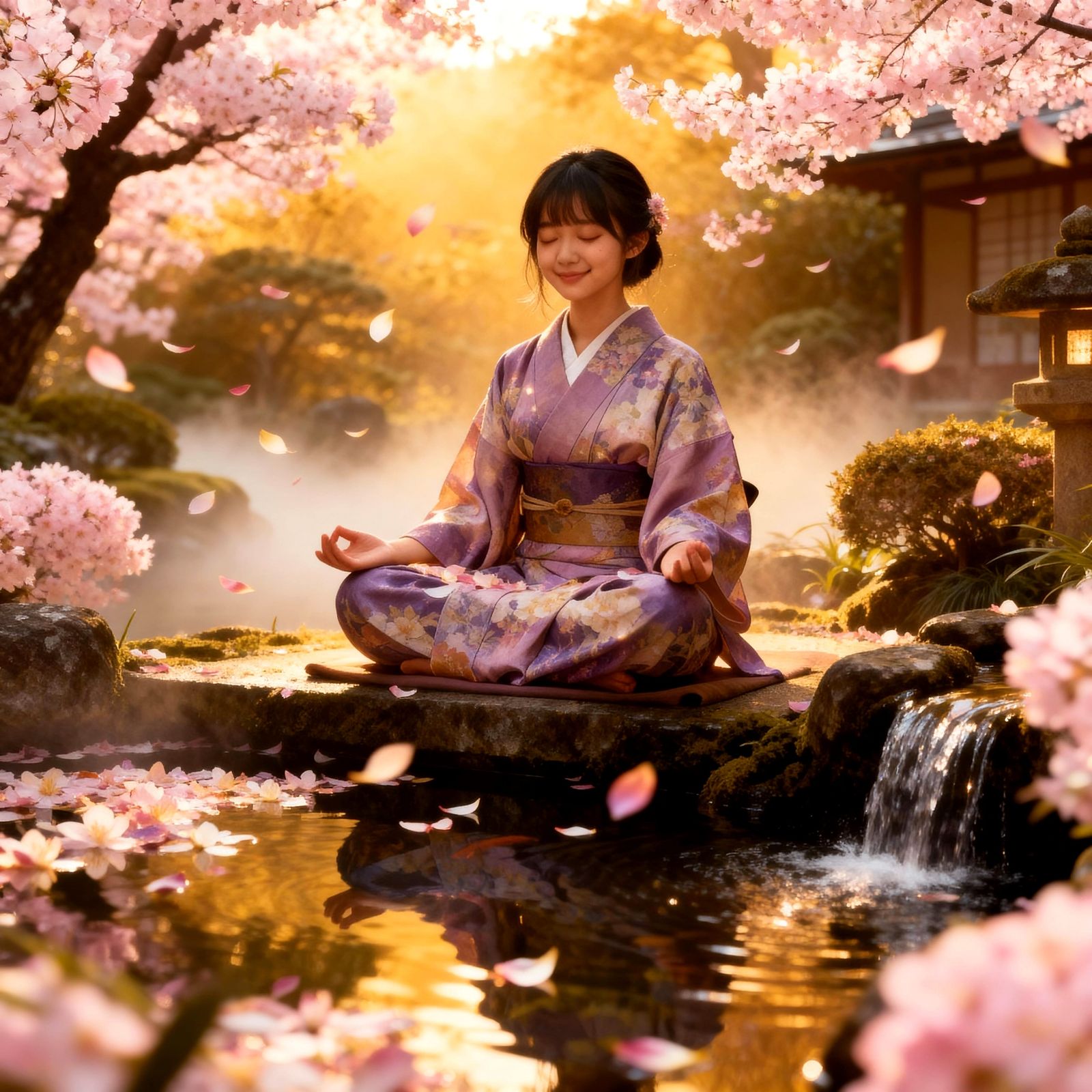 Serene Girl Meditating in Japanese Garden