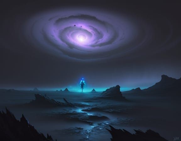 Alien Landscape With Lone Figure Under Cosmic Sky