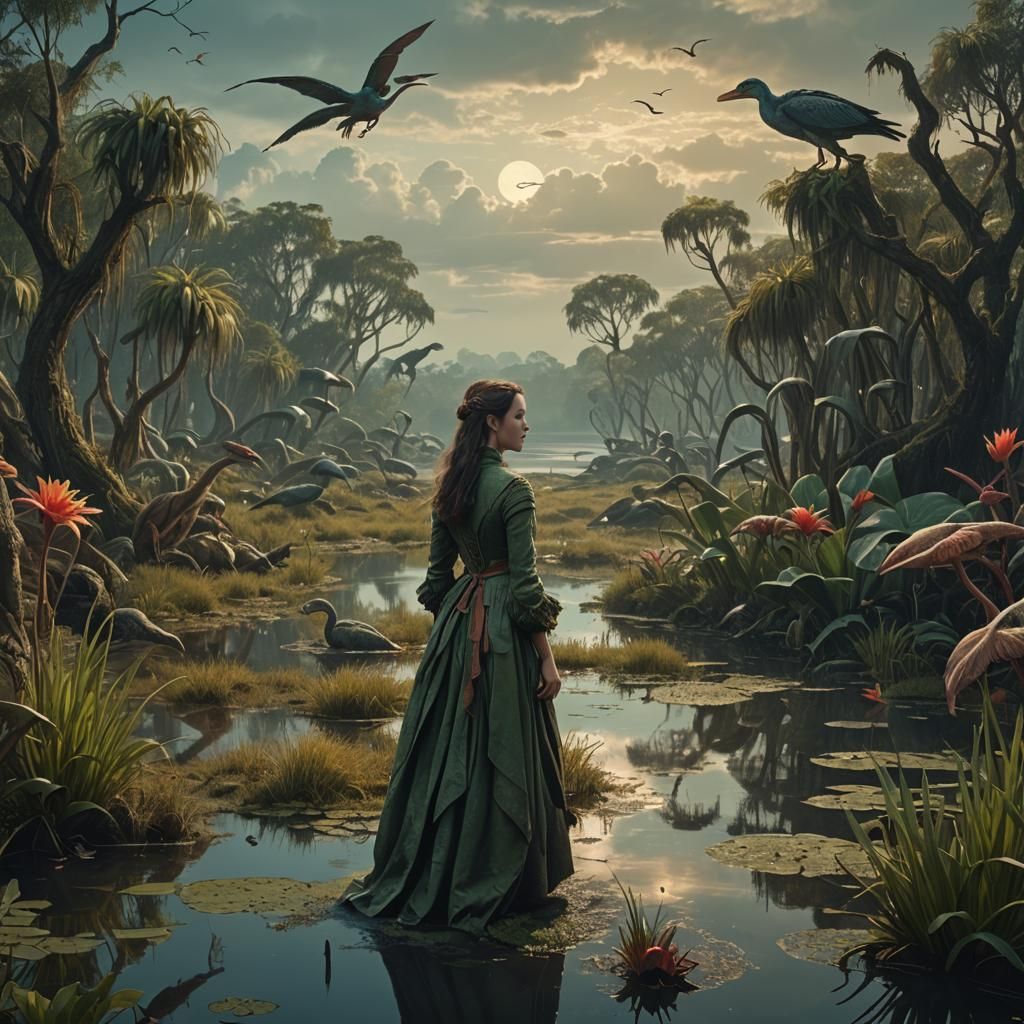 Whimsical Woman Wanderer in Wistful Wetlands