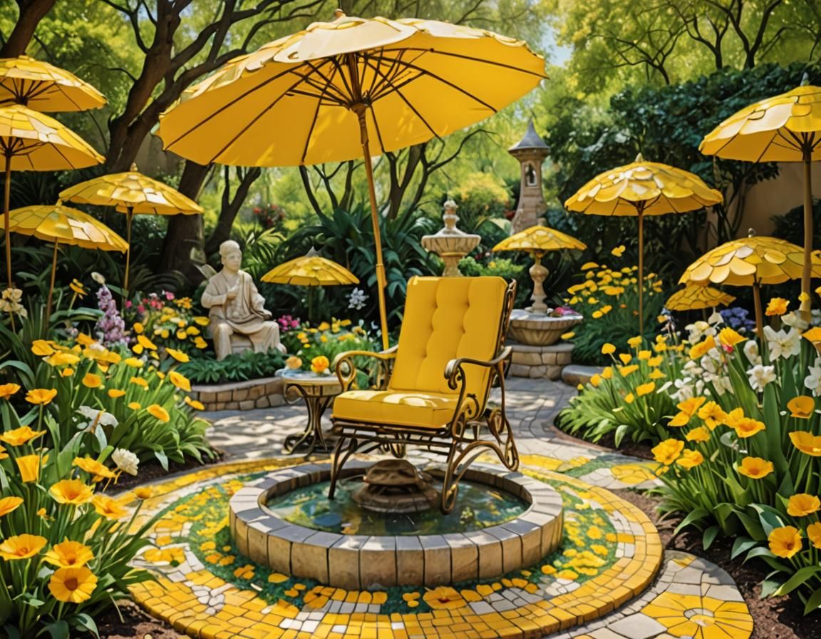 Whimsical Yellow Wonderland with Flowers and Sculpture