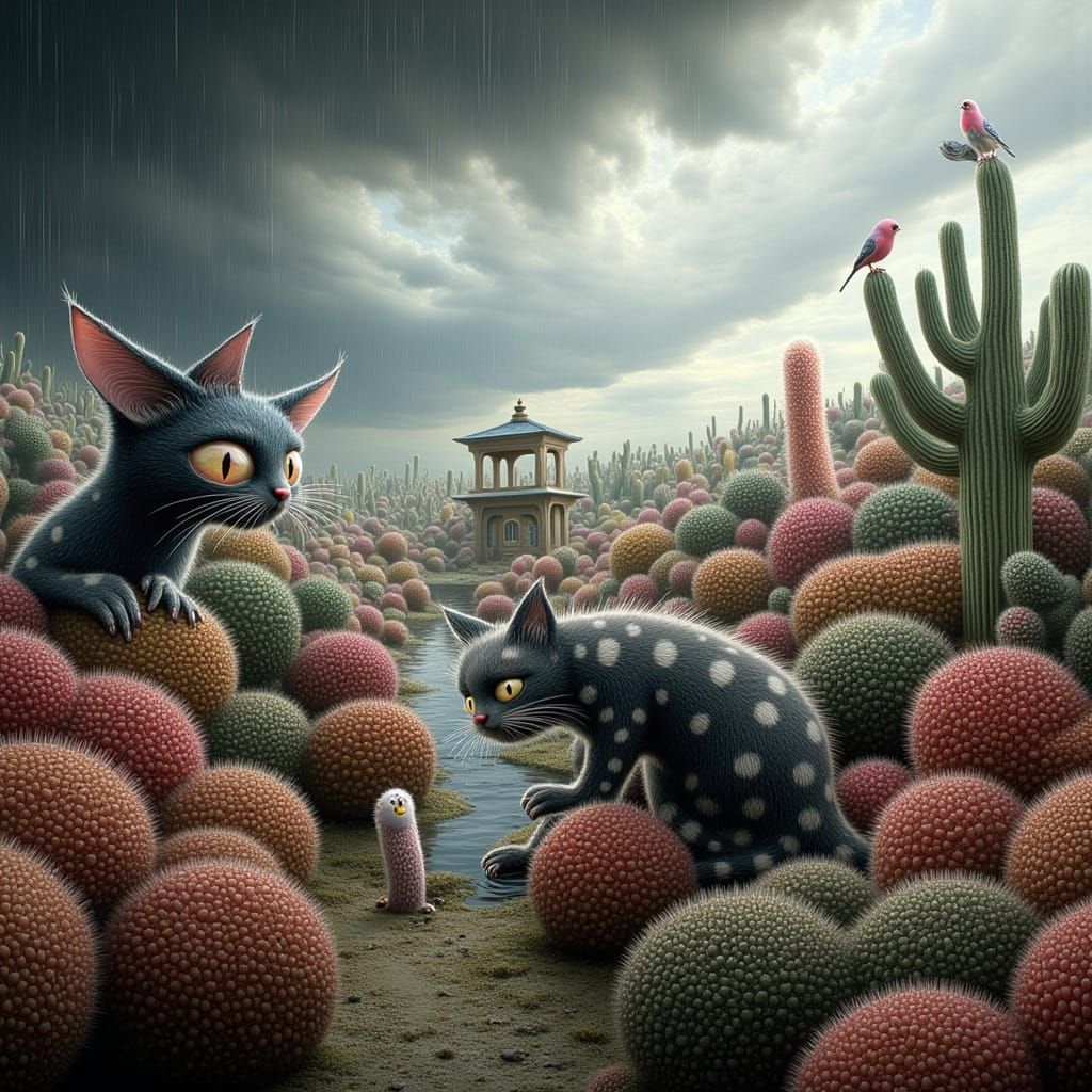 Surreal Cats in Rainstorm, Digital Art