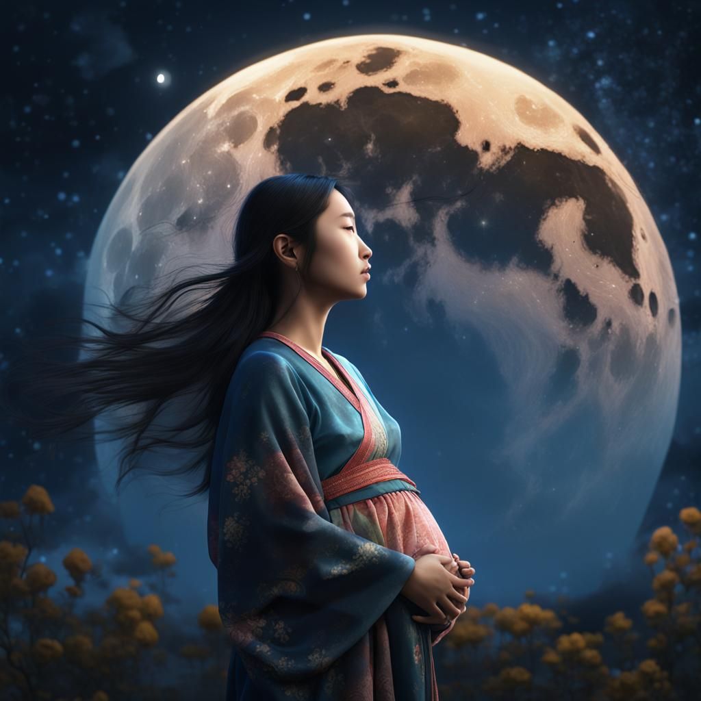 Peaceful Pregnant Woman Under Giant Moon