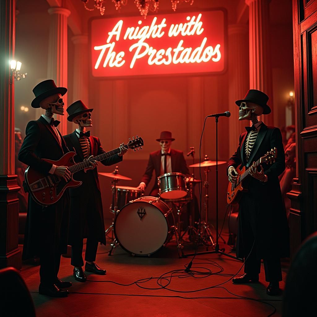 Skeletal Rock Band Performs in Art Deco Ballroom