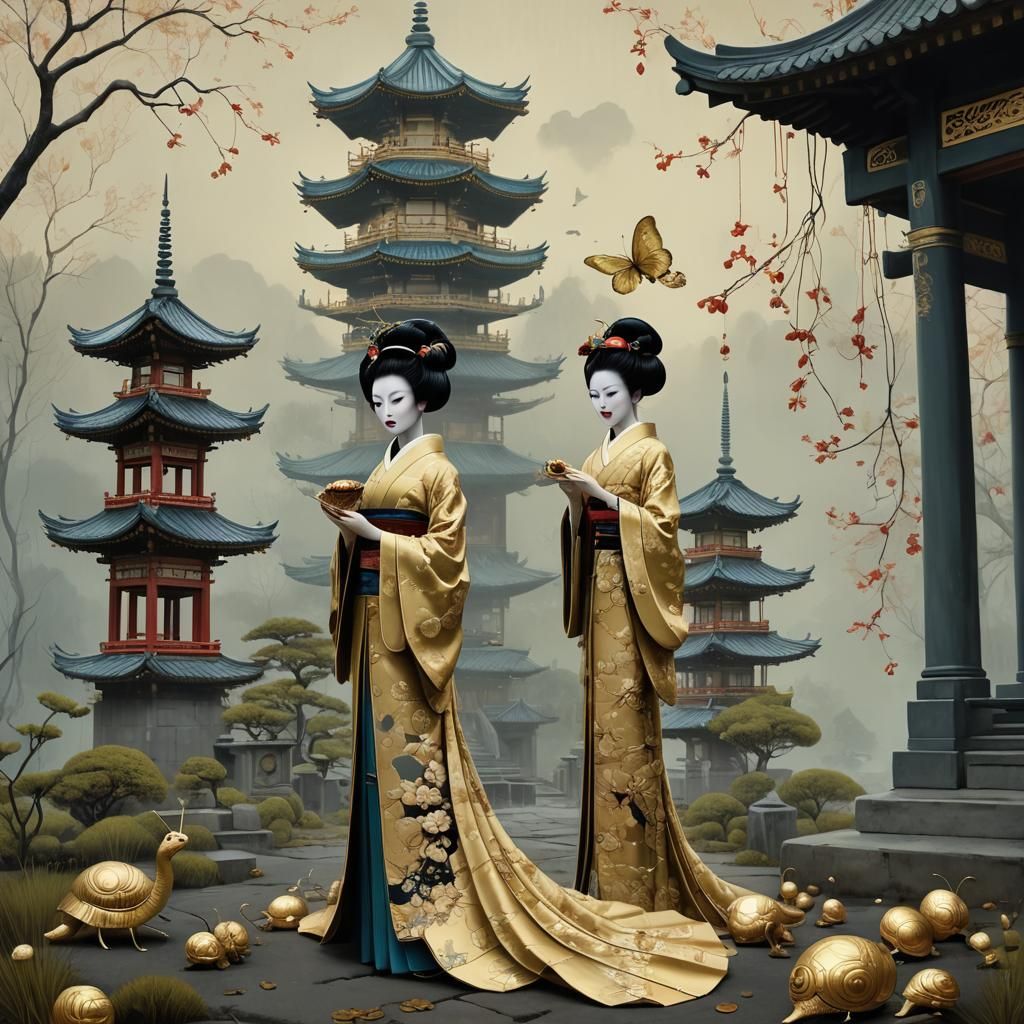 Geisha in Pagoda: Surreal Alcohol Ink Art