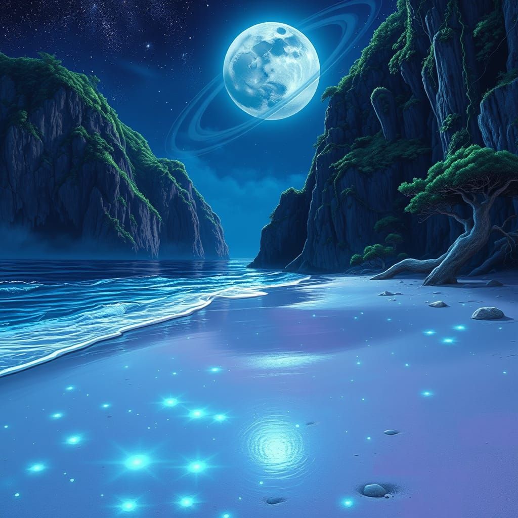 Luminous Beach Scene in a Retro-Futuristic Aesthetic