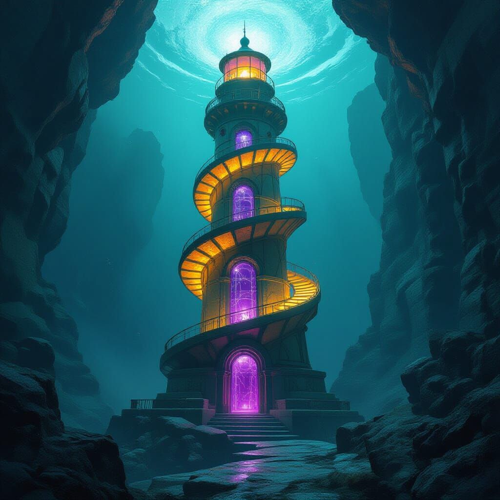 Surreal Marble Lighthouse with Glowing Helix Network