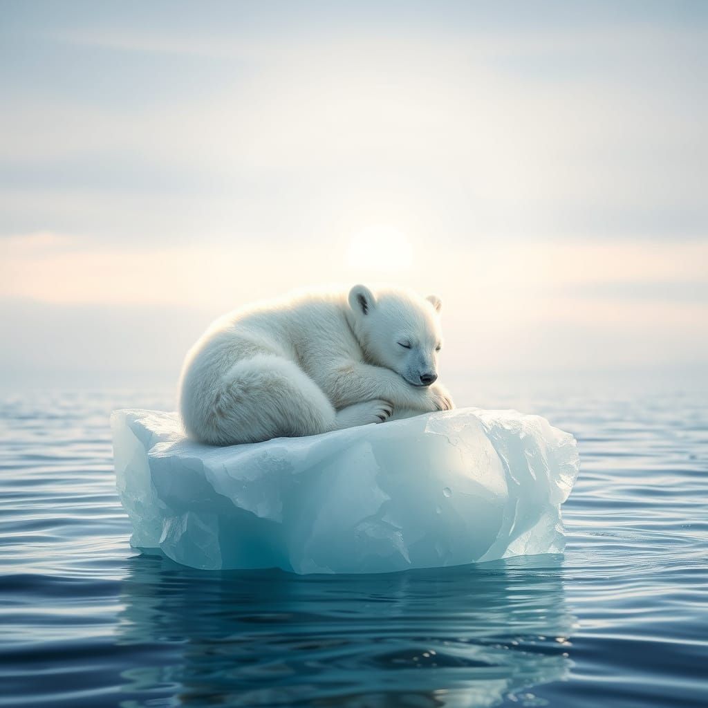 Peaceful Baby Polar Bear in a Glowing Iceberg Scene