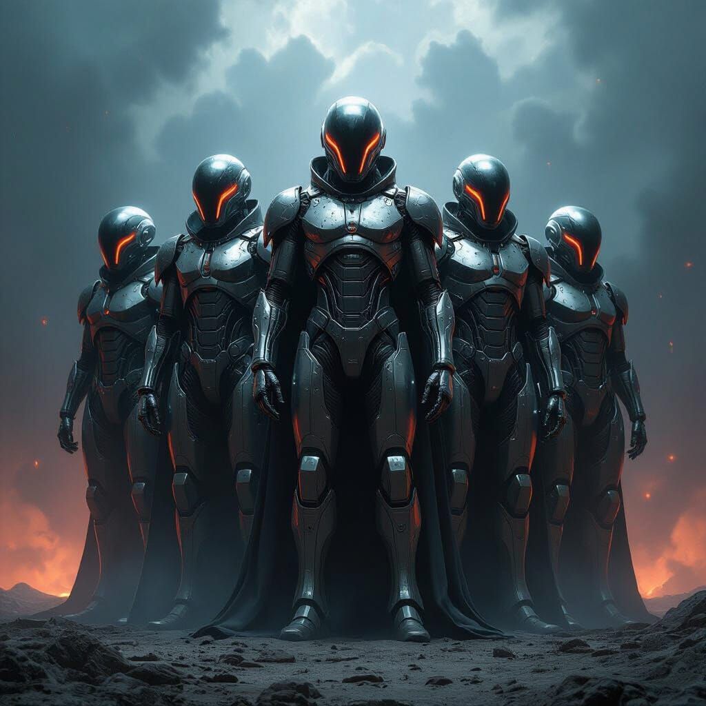 Colossal Alien Team in Ominous, Dark Sci-Fi Setting