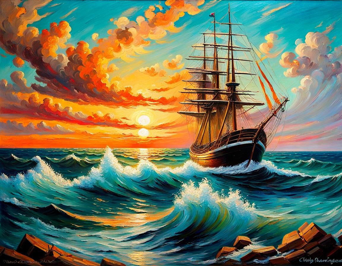 Magnificent Seascape: 1800s Ship in Impressionist Style