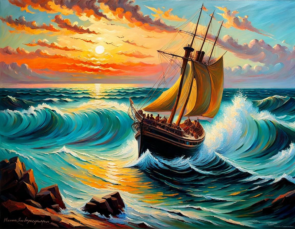 Magnificent Seascape: 1800s Ship at Sunset, Impasto Oil