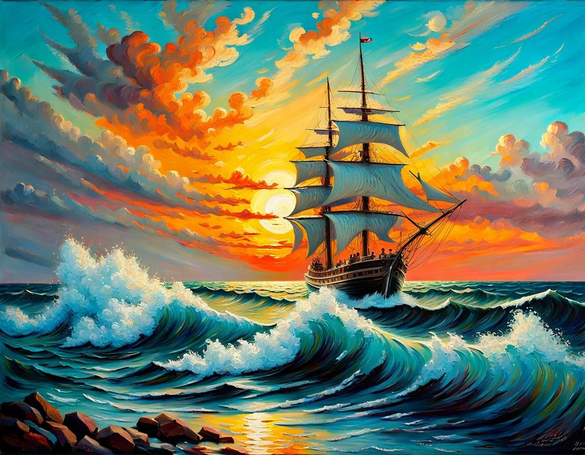 Magnificent Seascape: 1800s Ship at Sunset, Impasto Oil Pain...