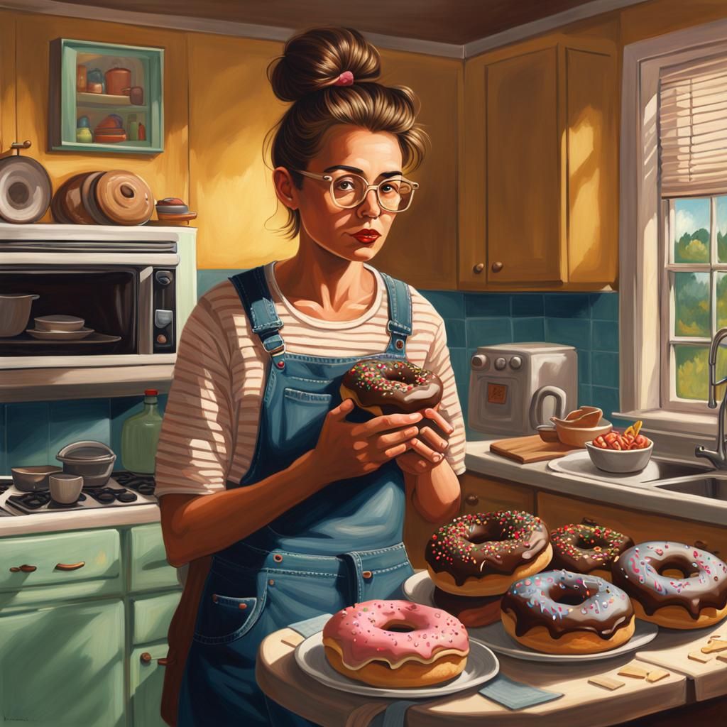 Woman with Donut in Retro Kitchen, Illustrative Realism
