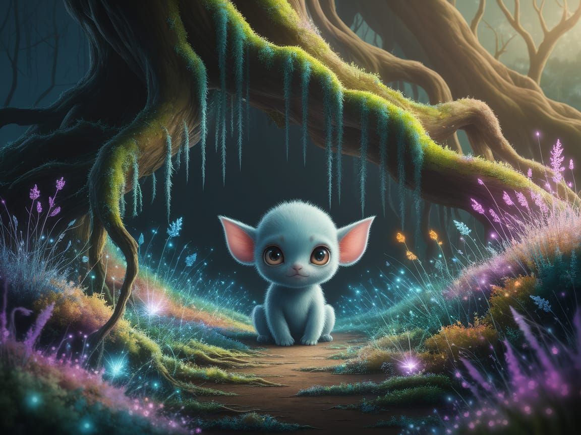 Bioluminescent Forest Floor with Lost Creature